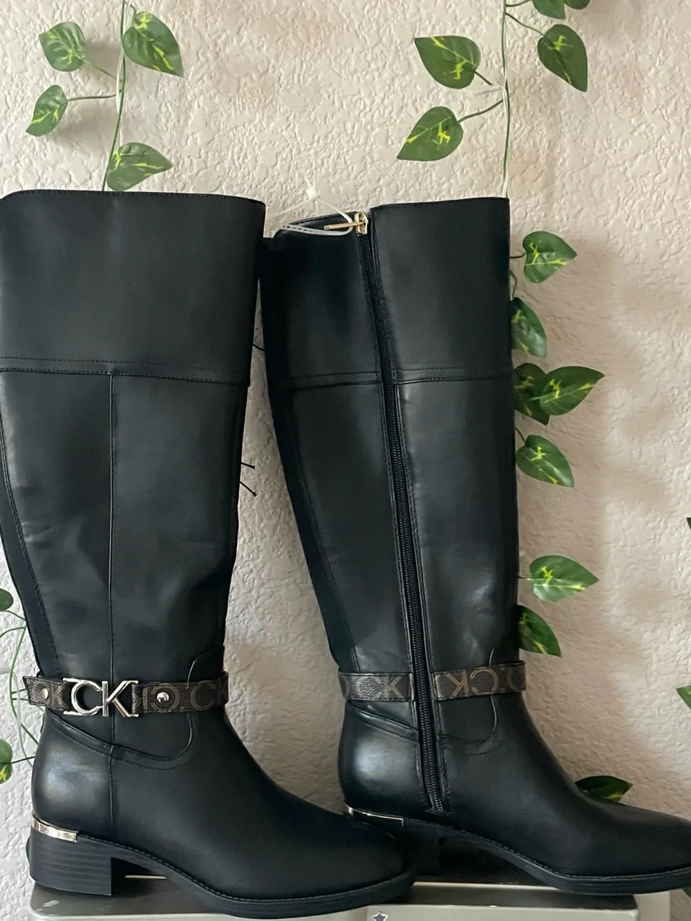 Calvin Klein Black Over-the-Knee Leather Boots with Logo Strap